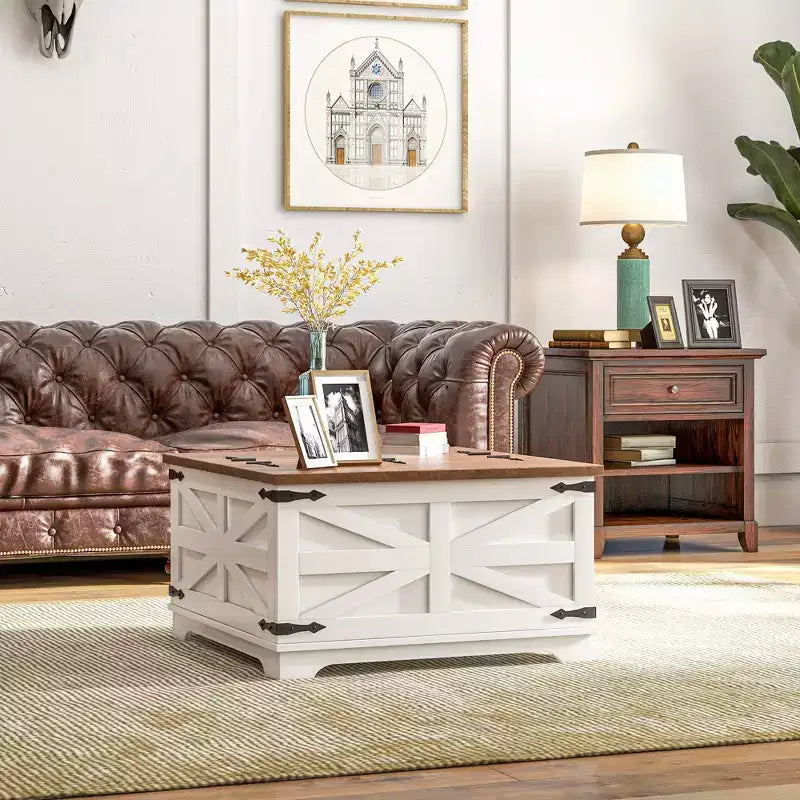 Table basse HOMCOM de style ferme avec plateau relevable, compartiment de rangement caché, table basse carrée pour salon