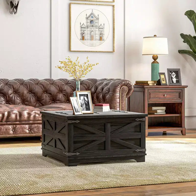 Table basse HOMCOM de style ferme avec plateau relevable, compartiment de rangement caché, table basse carrée pour salon