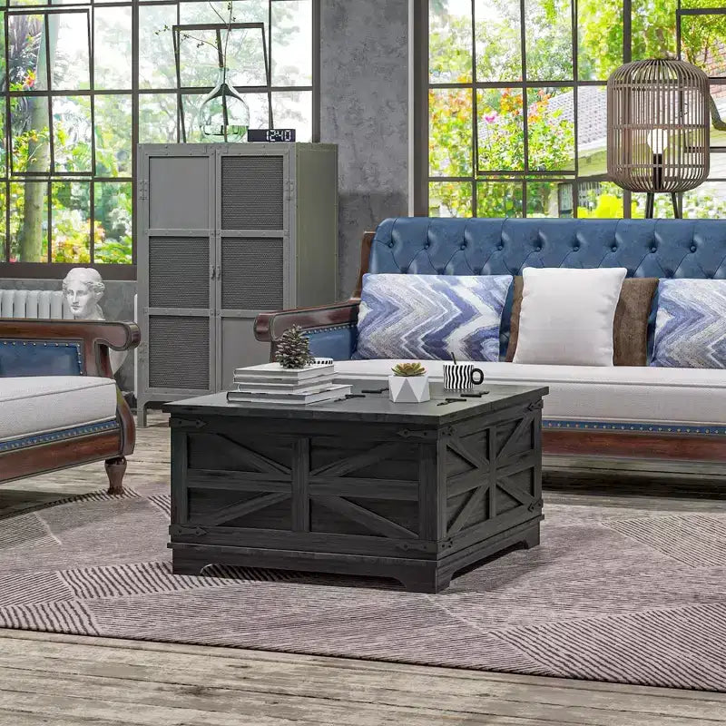 Table basse HOMCOM de style ferme avec plateau relevable, compartiment de rangement caché, table basse carrée pour salon