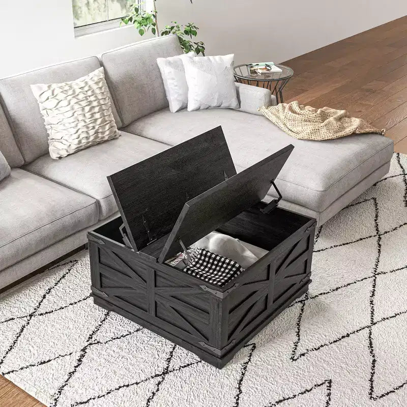 Table basse HOMCOM de style ferme avec plateau relevable, compartiment de rangement caché, table basse carrée pour salon