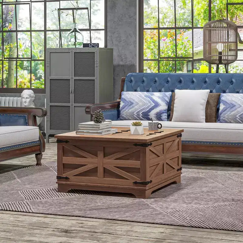 Table basse HOMCOM de style ferme avec plateau relevable, compartiment de rangement caché, table basse carrée pour salon