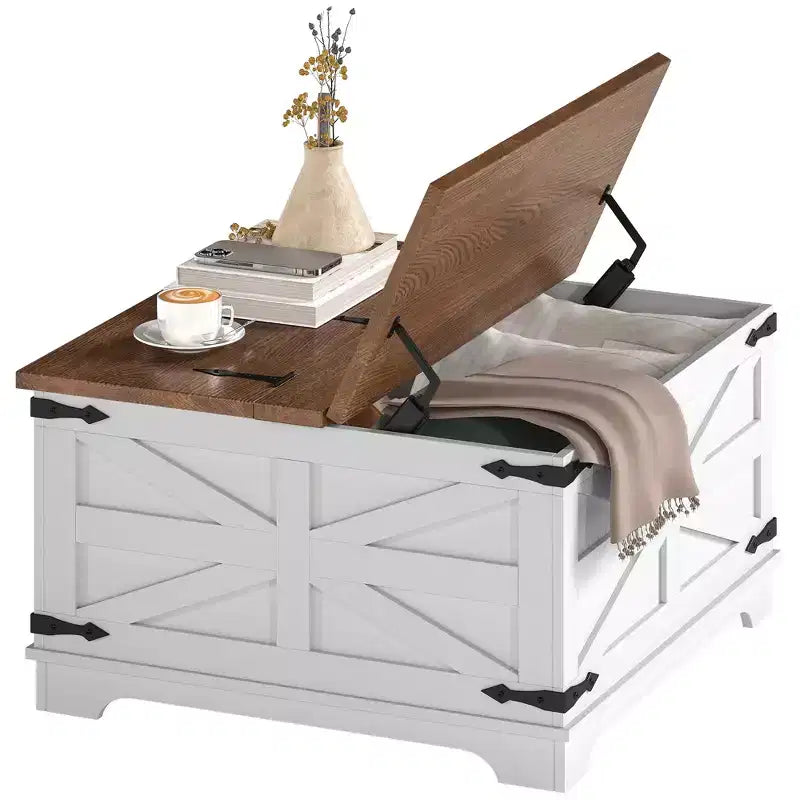 Table basse HOMCOM de style ferme avec plateau relevable, compartiment de rangement caché, table basse carrée pour salon