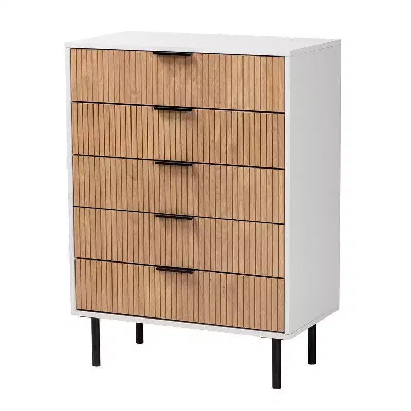 Meuble de rangement à 5 tiroirs Baxton Studio Karima en bois bicolore blanc et marron naturel et métal noir, style moderne du milieu du siècle