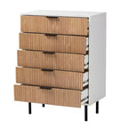Meuble de rangement à 5 tiroirs Baxton Studio Karima en bois bicolore blanc et marron naturel et métal noir, style moderne du milieu du siècle
