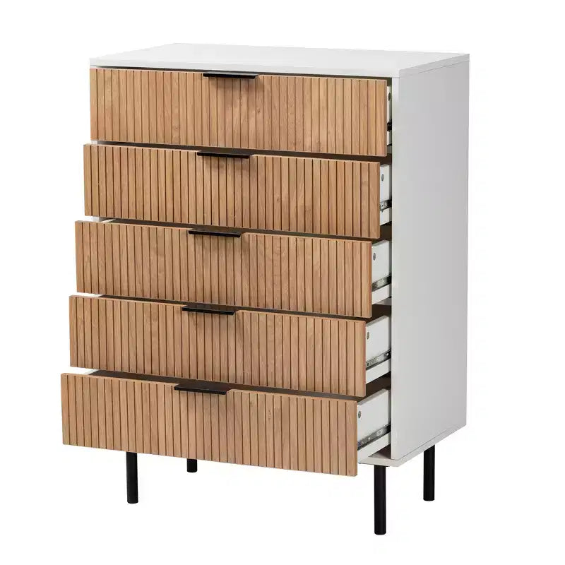 Meuble de rangement à 5 tiroirs Baxton Studio Karima en bois bicolore blanc et marron naturel et métal noir, style moderne du milieu du siècle