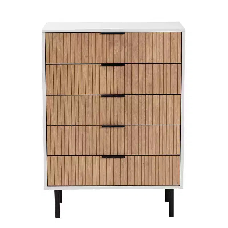 Meuble de rangement à 5 tiroirs Baxton Studio Karima en bois bicolore blanc et marron naturel et métal noir, style moderne du milieu du siècle
