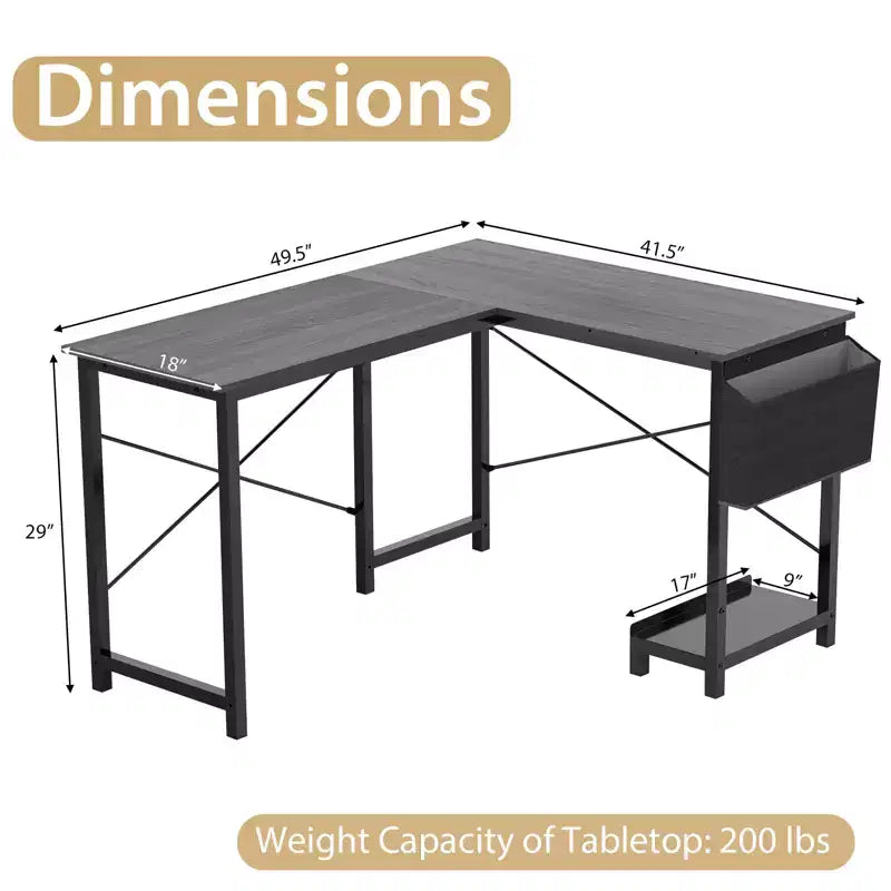 Bureau d'ordinateur Costway en forme de L, réversible, avec sac de rangement latéral et support d'unité centrale, gris foncé