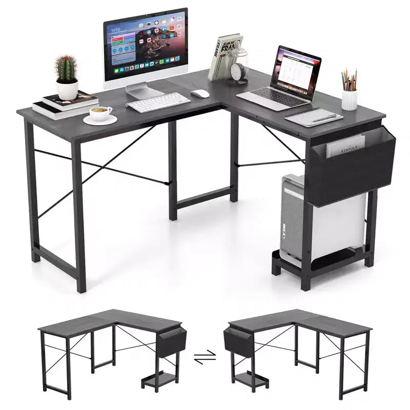 Bureau d'ordinateur Costway en forme de L, réversible, avec sac de rangement latéral et support d'unité centrale, gris foncé