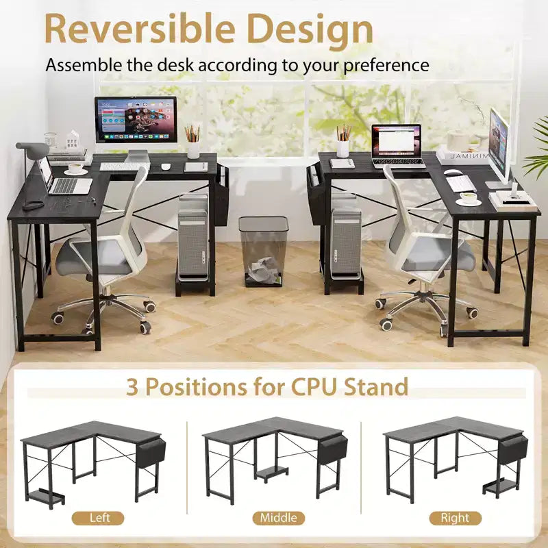 Bureau d'ordinateur Costway en forme de L, réversible, avec sac de rangement latéral et support d'unité centrale, gris foncé