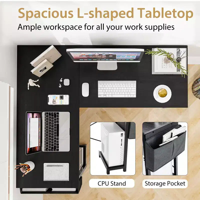 Bureau d'ordinateur Costway en forme de L, réversible, avec sac de rangement latéral et support d'unité centrale, gris foncé