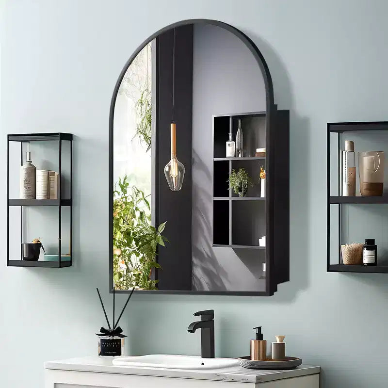 Dovelina Modern Arched Medicine Cabinet With Mirror Metal Framed Bathroom Mirror With Storage - 36x24