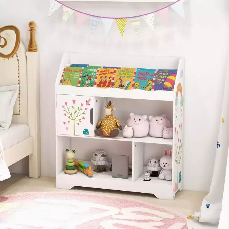 Organisateur de Rangement de Jouets Costway 3-en-1 pour Enfants avec Étagère à Livres, Meuble de Rangement Blanc/Bleu