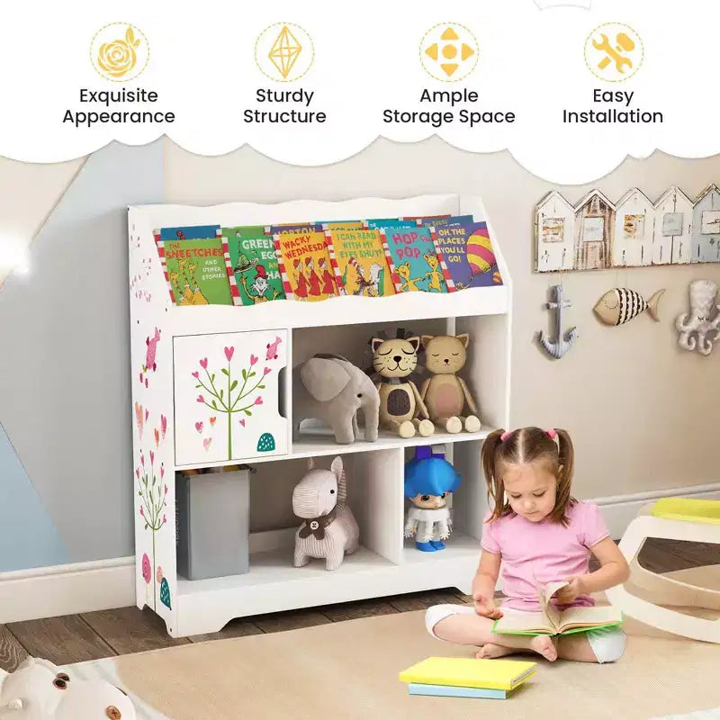 Organisateur de Rangement de Jouets Costway 3-en-1 pour Enfants avec Étagère à Livres, Meuble de Rangement Blanc/Bleu