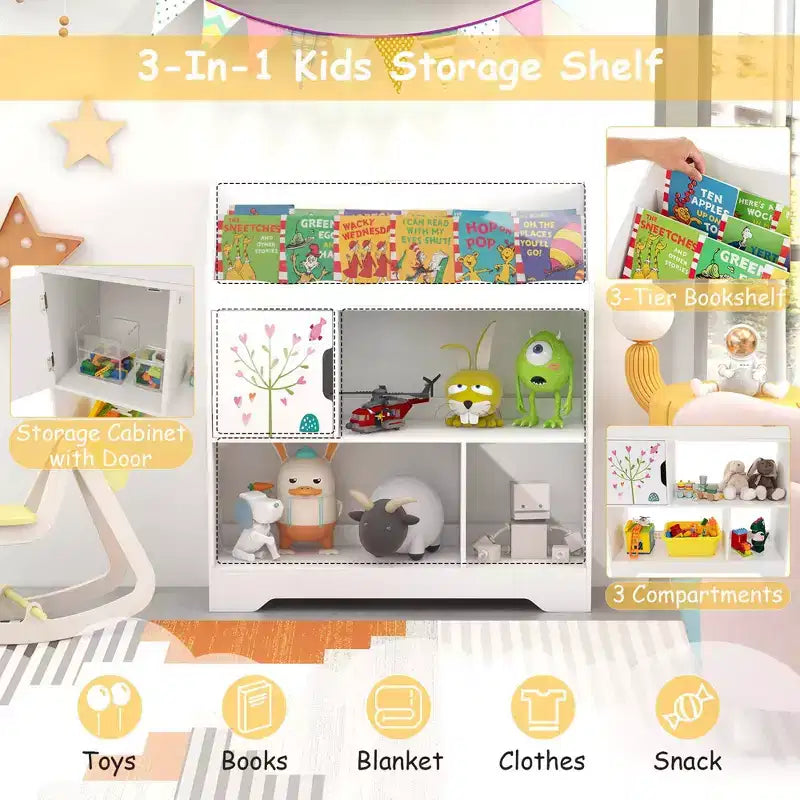 Organisateur de Rangement de Jouets Costway 3-en-1 pour Enfants avec Étagère à Livres, Meuble de Rangement Blanc/Bleu