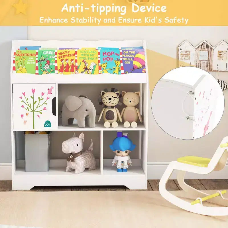 Organisateur de Rangement de Jouets Costway 3-en-1 pour Enfants avec Étagère à Livres, Meuble de Rangement Blanc/Bleu