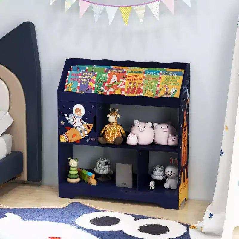 Organisateur de Rangement de Jouets Costway 3-en-1 pour Enfants avec Étagère à Livres, Meuble de Rangement Blanc/Bleu
