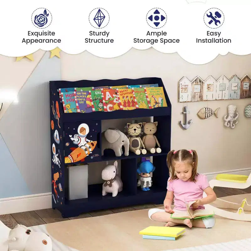 Organisateur de Rangement de Jouets Costway 3-en-1 pour Enfants avec Étagère à Livres, Meuble de Rangement Blanc/Bleu