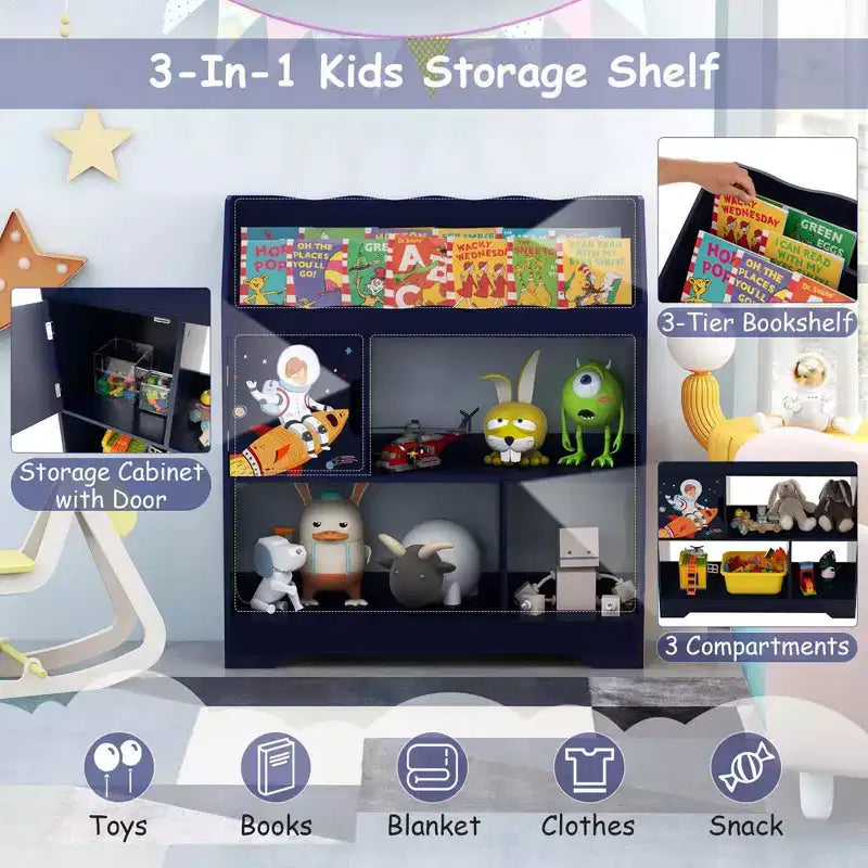Organisateur de Rangement de Jouets Costway 3-en-1 pour Enfants avec Étagère à Livres, Meuble de Rangement Blanc/Bleu