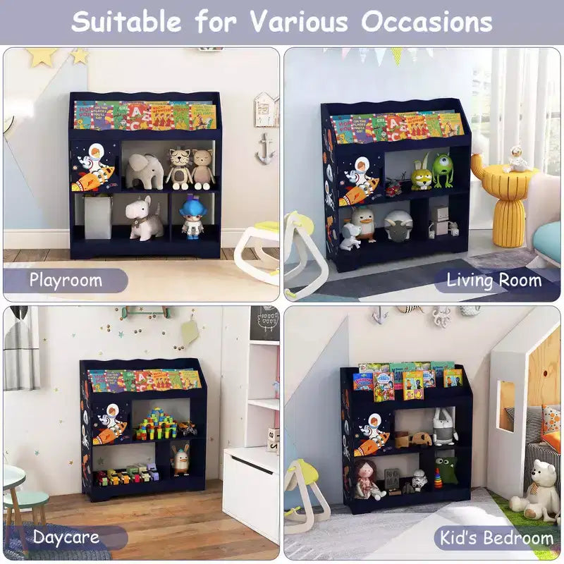 Organisateur de Rangement de Jouets Costway 3-en-1 pour Enfants avec Étagère à Livres, Meuble de Rangement Blanc/Bleu