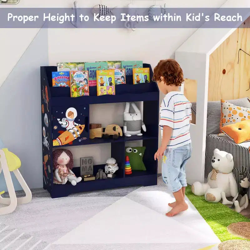 Organisateur de Rangement de Jouets Costway 3-en-1 pour Enfants avec Étagère à Livres, Meuble de Rangement Blanc/Bleu