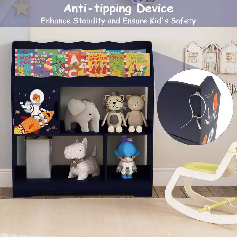 Organisateur de Rangement de Jouets Costway 3-en-1 pour Enfants avec Étagère à Livres, Meuble de Rangement Blanc/Bleu