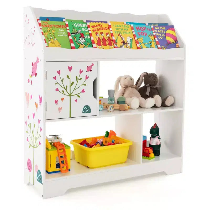 Organisateur de Rangement de Jouets Costway 3-en-1 pour Enfants avec Étagère à Livres, Meuble de Rangement Blanc/Bleu