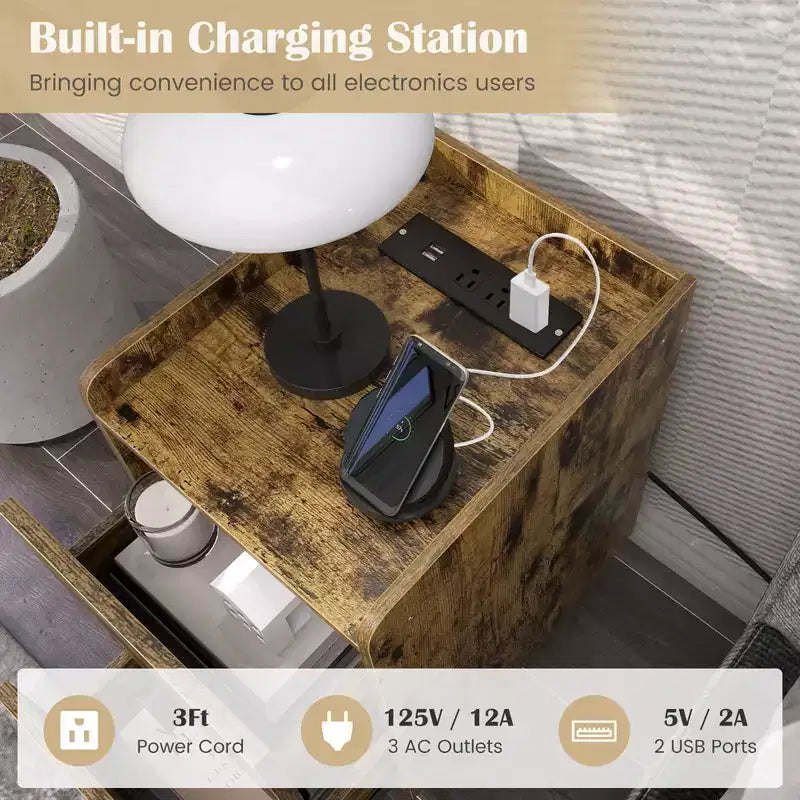 Table de chevet Costway avec station de charge, tables d'appoint de canapé avec 2 tiroirs, café/blanc/noir