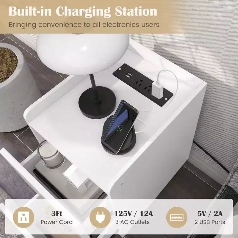 Table de chevet Costway avec station de charge, tables d'appoint de canapé avec 2 tiroirs, café/blanc/noir