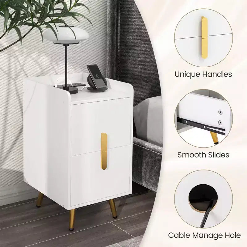 Table de chevet Costway avec station de charge, tables d'appoint de canapé avec 2 tiroirs, café/blanc/noir