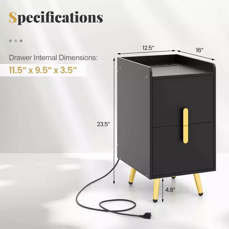 Table de chevet Costway avec station de charge, tables d'appoint de canapé avec 2 tiroirs, café/blanc/noir