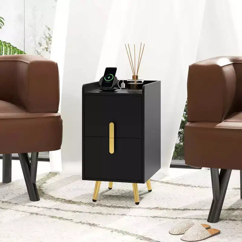 Table de chevet Costway avec station de charge, tables d'appoint de canapé avec 2 tiroirs, café/blanc/noir