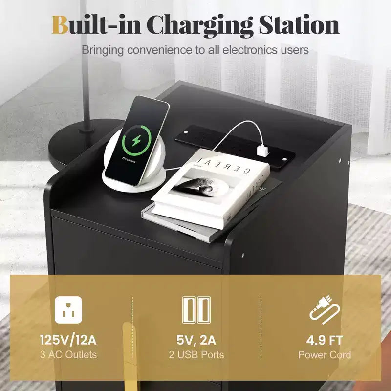 Table de chevet Costway avec station de charge, tables d'appoint de canapé avec 2 tiroirs, café/blanc/noir