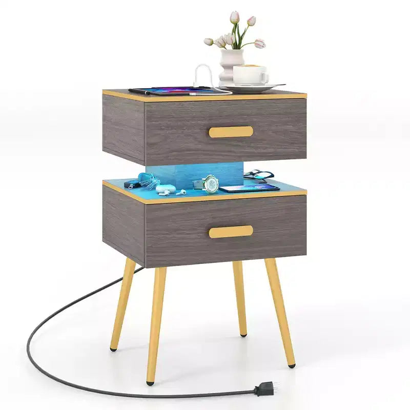 Costway 1/2 PCS Nightstand with Charging Station Bedside Sofa Side Tables with 2 Drawers Grey