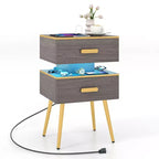 Costway 1/2 PCS Nightstand with Charging Station Bedside Sofa Side Tables with 2 Drawers Grey