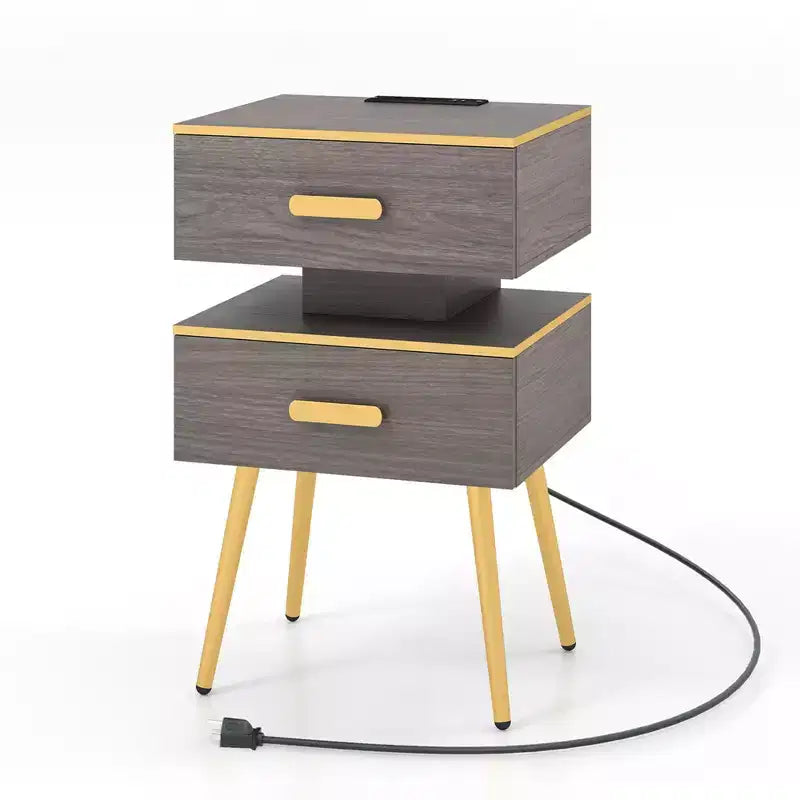 Costway Table de chevet 1/2 pièces avec station de charge Tables d'appoint de canapé avec 2 tiroirs Gris