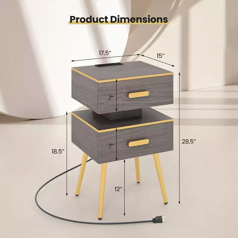 Costway Table de chevet 1/2 pièces avec station de charge Tables d'appoint de canapé avec 2 tiroirs Gris