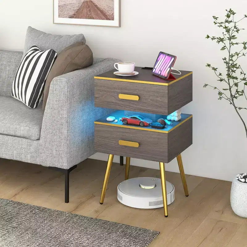 Costway Table de chevet 1/2 pièces avec station de charge Tables d'appoint de canapé avec 2 tiroirs Gris