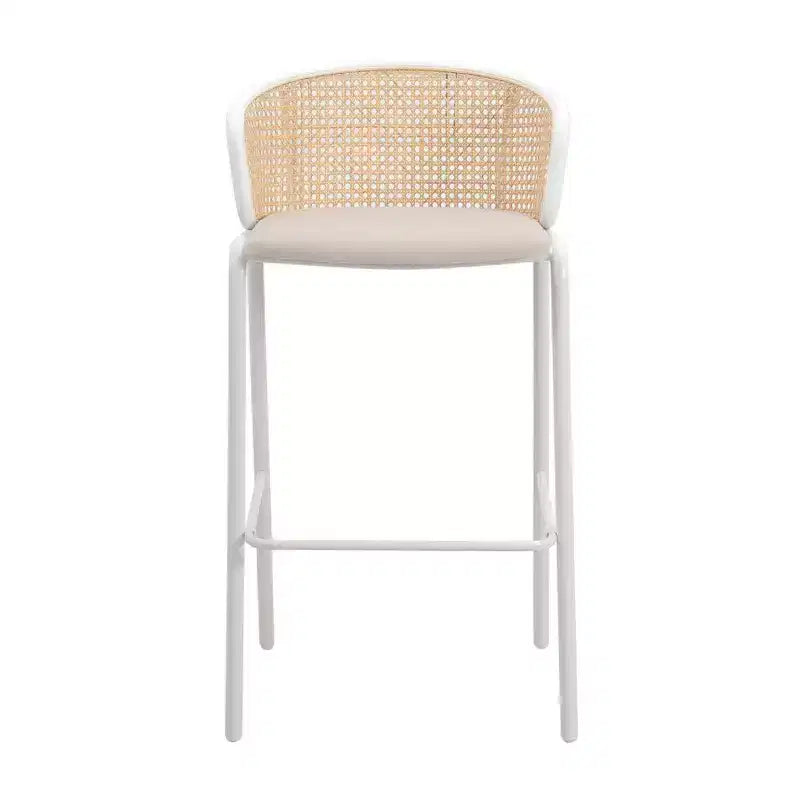 Tabouret de bar en osier Ervilla LeisureMod avec assise en tissu et cadre en acier blanc, pour cuisine intérieure, bar à domicile, comptoir, îlot, sièges de salle à manger modernes