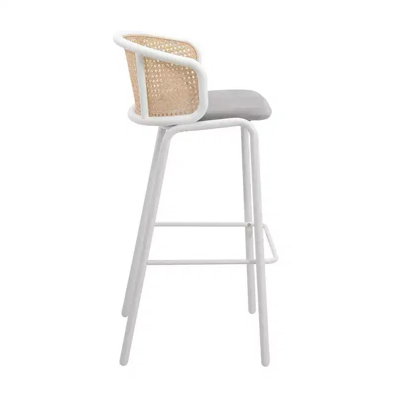 Tabouret de bar en osier Ervilla LeisureMod avec assise en tissu et cadre en acier blanc, pour cuisine intérieure, bar à domicile, comptoir, îlot, sièges de salle à manger modernes