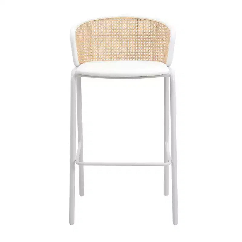 Tabouret de bar en osier Ervilla LeisureMod avec assise en tissu et cadre en acier blanc, pour cuisine intérieure, bar à domicile, comptoir, îlot, sièges de salle à manger modernes