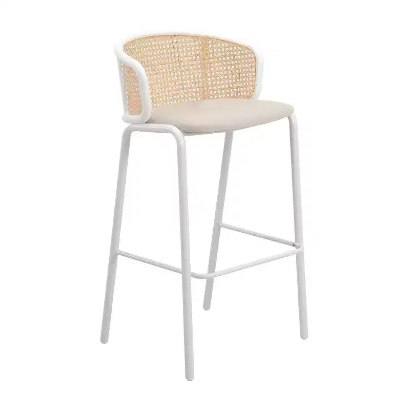 LeisureMod Ervilla Wicker Bar Stool with Fabric Seat and White Steel Frame, Indoor Kitchen, Home Bar, Counter, Island, Modern Dining Room Seating
