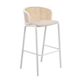 LeisureMod Ervilla Wicker Bar Stool with Fabric Seat and White Steel Frame, Indoor Kitchen, Home Bar, Counter, Island, Modern Dining Room Seating
