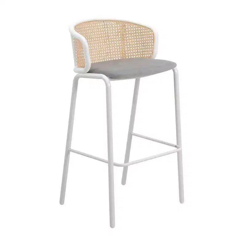 Tabouret de bar en osier Ervilla LeisureMod avec assise en tissu et cadre en acier blanc, pour cuisine intérieure, bar à domicile, comptoir, îlot, sièges de salle à manger modernes