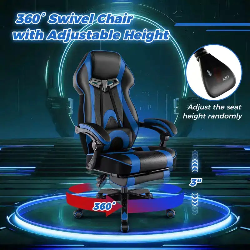 Chaise de jeu e-sport réglable Costway avec appuie-tête rembourré, support lombaire bleu/noir/gris/rouge