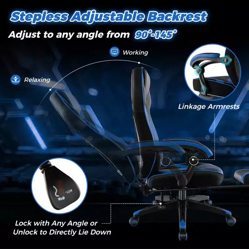 Chaise de jeu e-sport réglable Costway avec appuie-tête rembourré, support lombaire bleu/noir/gris/rouge