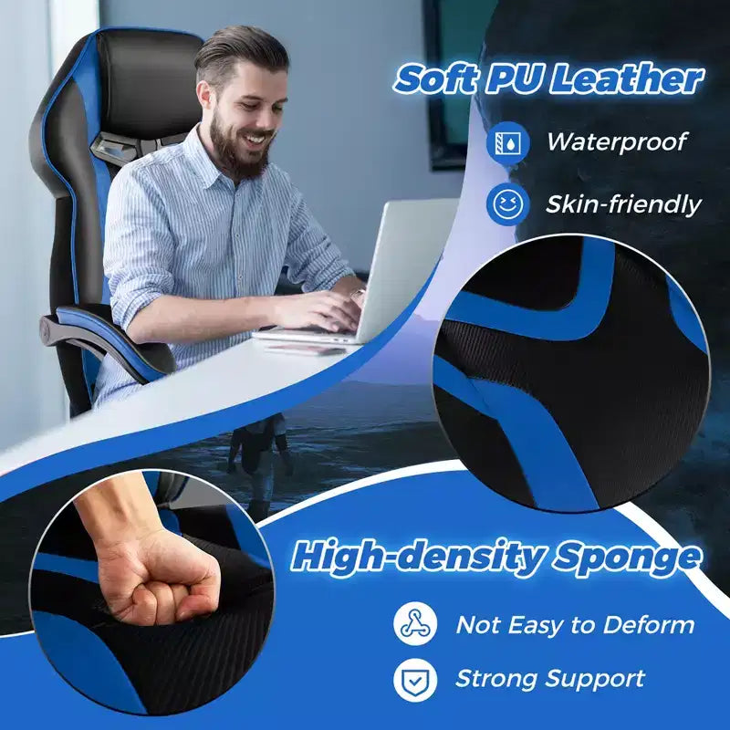 Chaise de jeu e-sport réglable Costway avec appuie-tête rembourré, support lombaire bleu/noir/gris/rouge
