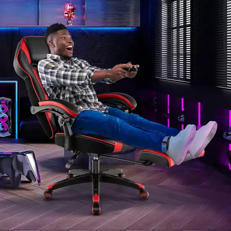 Chaise de jeu e-sport réglable Costway avec appuie-tête rembourré, support lombaire bleu/noir/gris/rouge