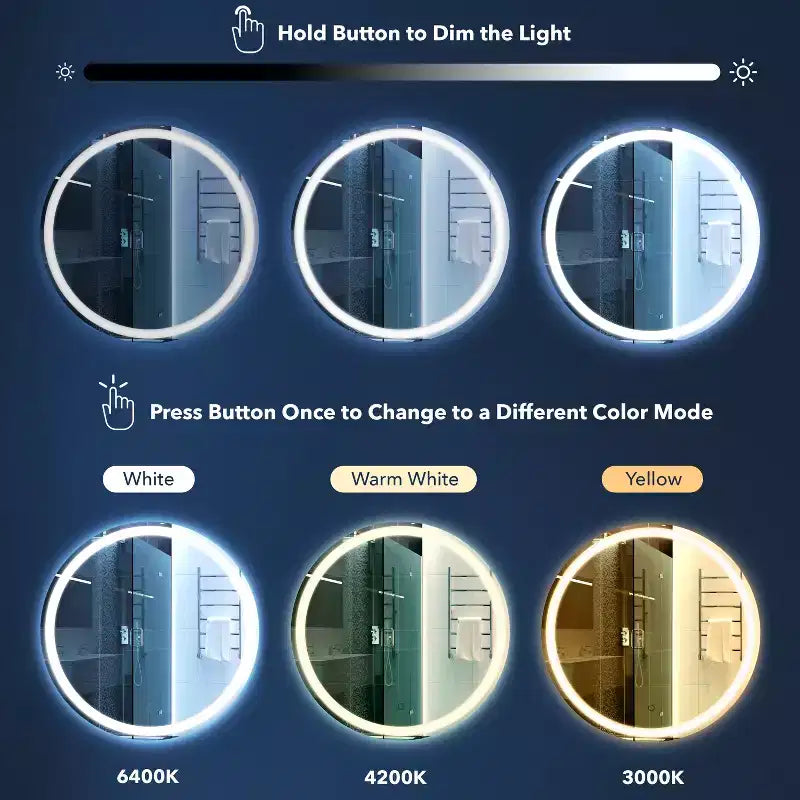 Miroir de salle de bain mural lumineux tri-couleur Dane rond sans cadre anti-buée avant/arrière avec toucher intelligent - JONATHAN Y