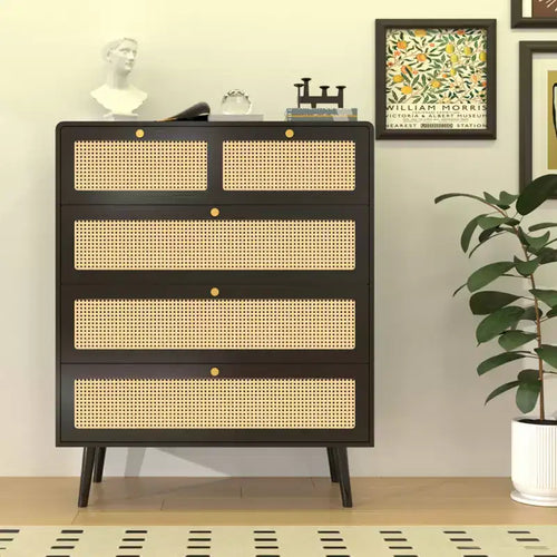 6/4-Drawer Dresser, Modern Rattan Dresser Chest with Metal Handles, Storage Cabinet Sideboard, Black 4M - ModernLuxe