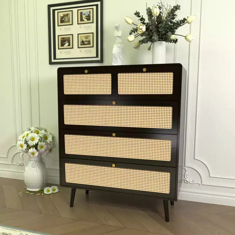 Commode 6/4 tiroirs, commode en rotin moderne avec poignées en métal, buffet de rangement, noir 4M - ModernLuxe